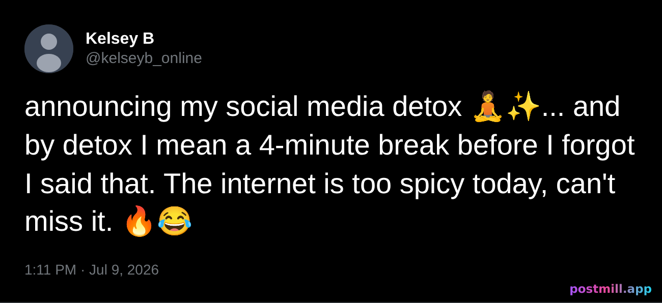someone announcing a social media detox then posting again 4 minutes later