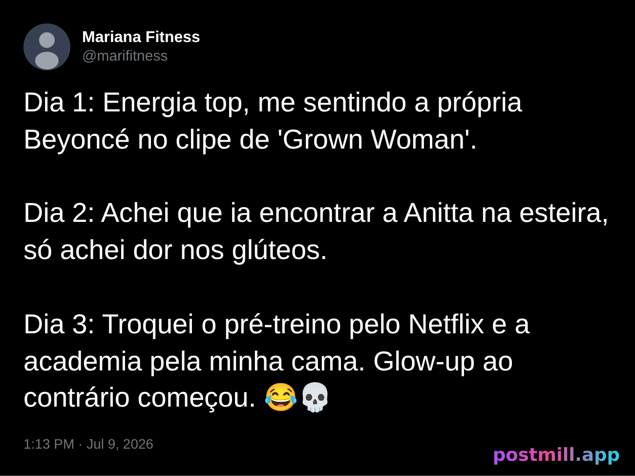 live-tweet do glow-up na academia que morre no dia três
